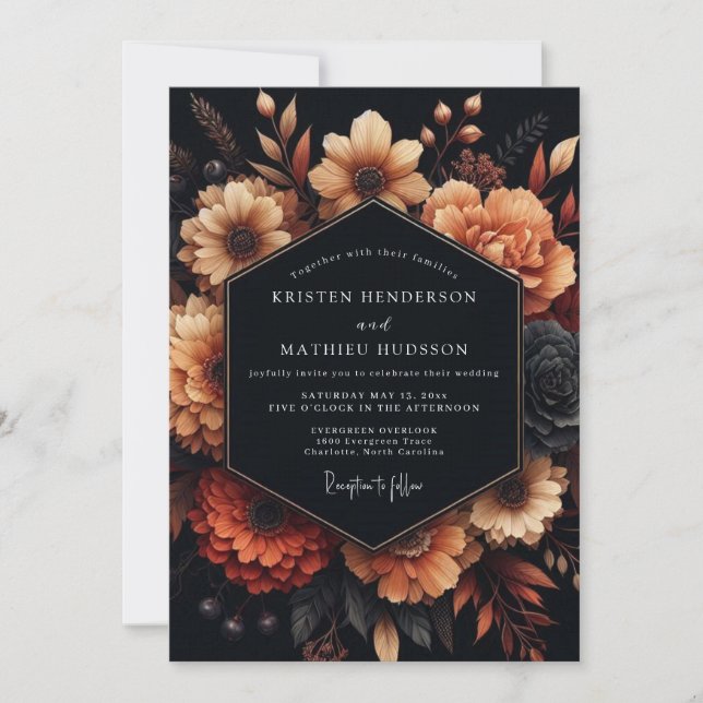 Charcoal Amber Bloom Wedding Inbjudningar (Framsida)