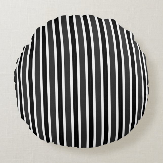 Charcoal, Black and White Stripes Rund Kudde (Framsidan)