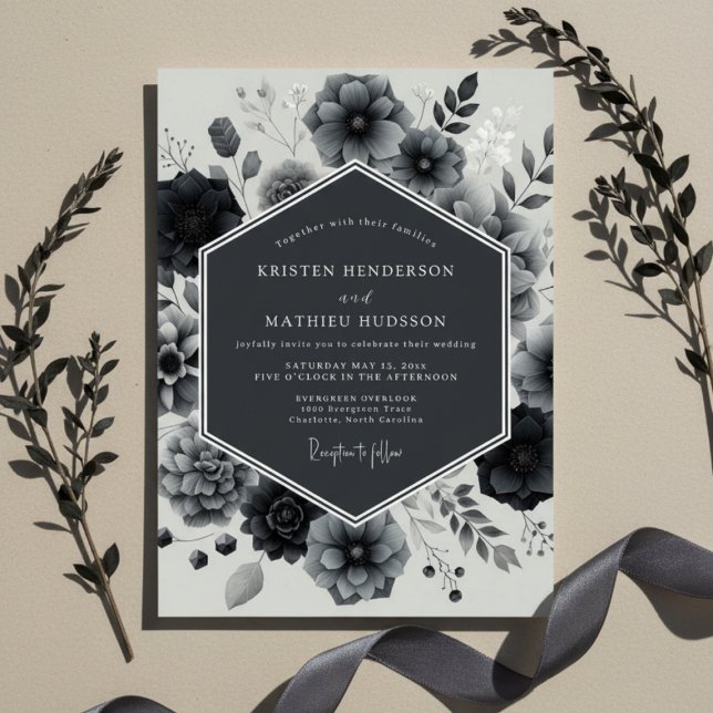 Charcoal Bloom Elegance Wedding Inbjudningar (Skapare uppladdad)