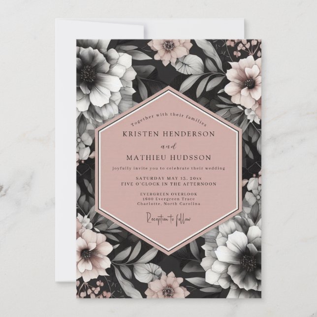 Charcoal Blush Elegant Bloom Wedding Inbjudningar (Framsida)
