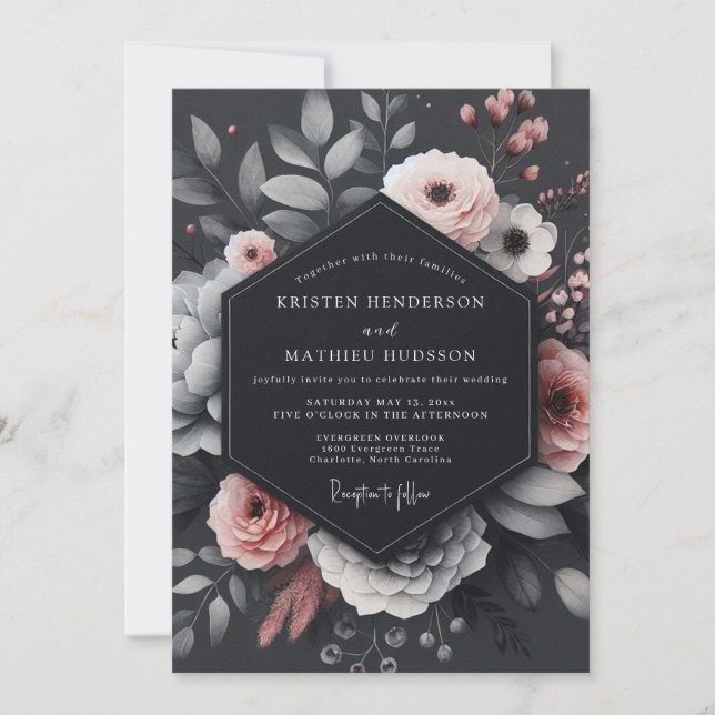 Charcoal Blush Floral Elegance Wedding Inbjudningar (Framsida)