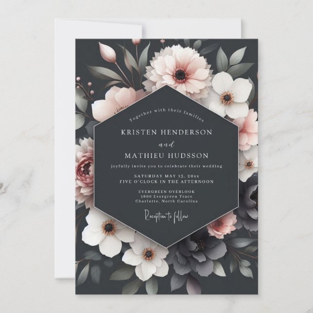 Charcoal Blush Floral Romance Wedding Inbjudningar (Framsida)
