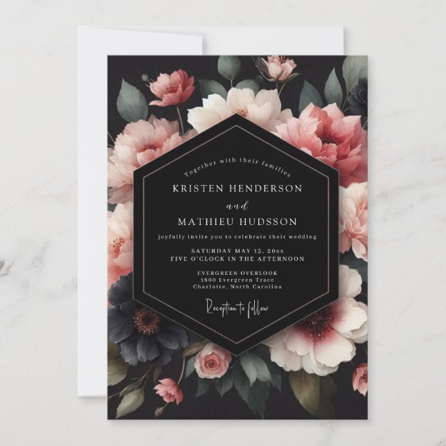 Charcoal Blush Petal Nocturne Wedding Inbjudningar (Framsida)