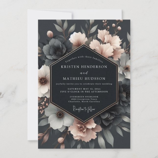 Charcoal Blush Vesperal Bloom Wedding Inbjudningar (Framsida)