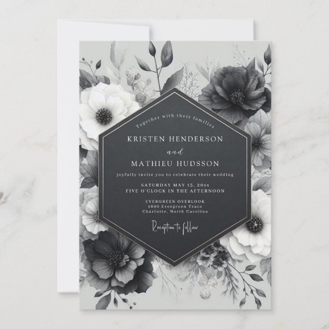Charcoal Botanical Bloom Wedding Inbjudningar (Framsida)