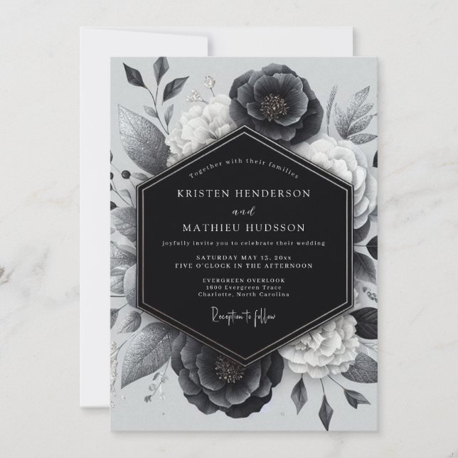 Charcoal Botanical Romance Wedding Inbjudningar (Framsida)