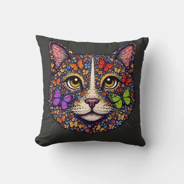 Charcoal Butterfly Blooms Cat Portrait Kitty Lover Kudde (Framsida)