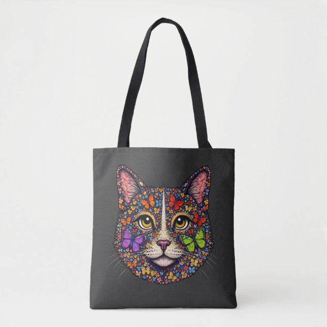 Charcoal Butterfly Blooms Cat Portrait Kitty Lover Tygkasse (Framsida)