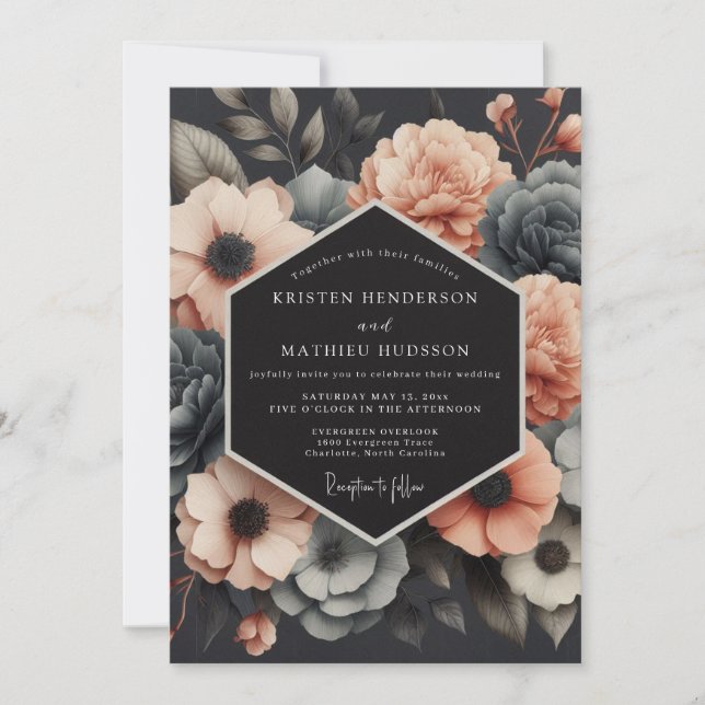 Charcoal & Coral Muted Bloom Wedding Inbjudningar (Framsida)