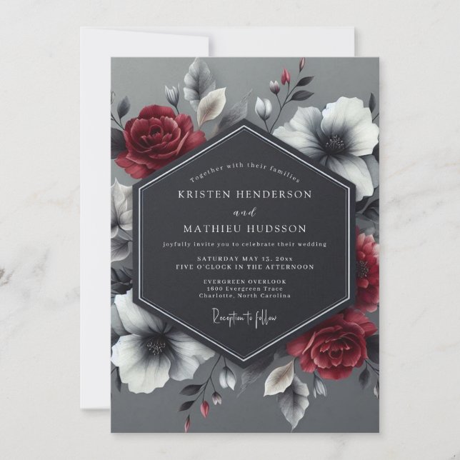 Charcoal Crimson Bloom Wedding Inbjudningar (Framsida)