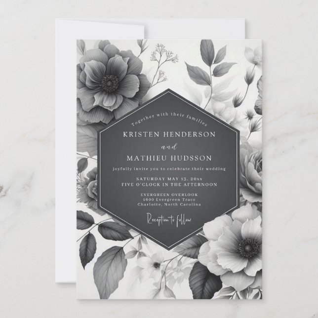 Charcoal Etched Flora Wedding Inbjudningar (Framsida)