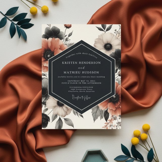 Charcoal Floral Moody Romance Wedding Inbjudningar (Skapare uppladdad)