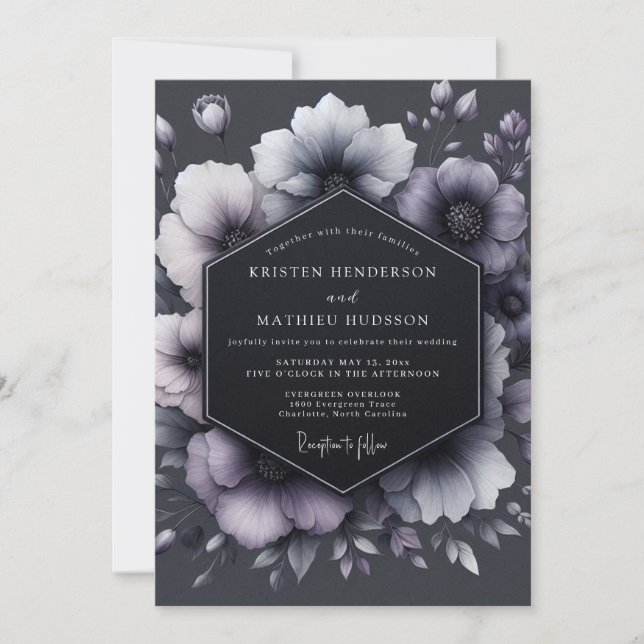 Charcoal Floral Moody Wedding Inbjudningar (Framsida)