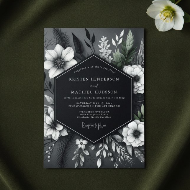 Charcoal Floral Opulent Wedding Inbjudningar (Skapare uppladdad)