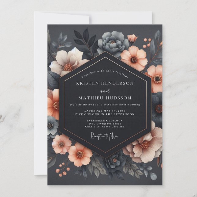 Charcoal Floral Romance Wedding Inbjudningar (Framsida)