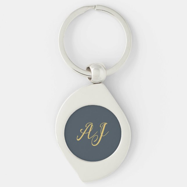 Charcoal Gold Color Monogram Professional Initial Swirl Silverfärgad Nyckelring (Framsidan)