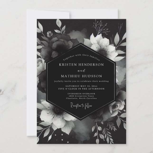 Charcoal Gothic Bloom Bröllop Inbjudningar (Framsida)
