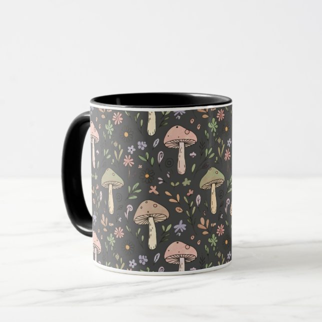 Charcoal Gray Earthy Fungi Seamless Pattern Modern Mugg (Framsida vänster)