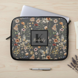 Charcoal Gray Watercolor Wildflowers Monogrammed Laptop Fodral