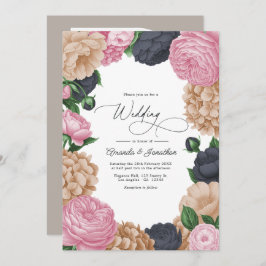 Charcoal, Light Taupe & Peony Pink Floral Wedding Inbjudningar