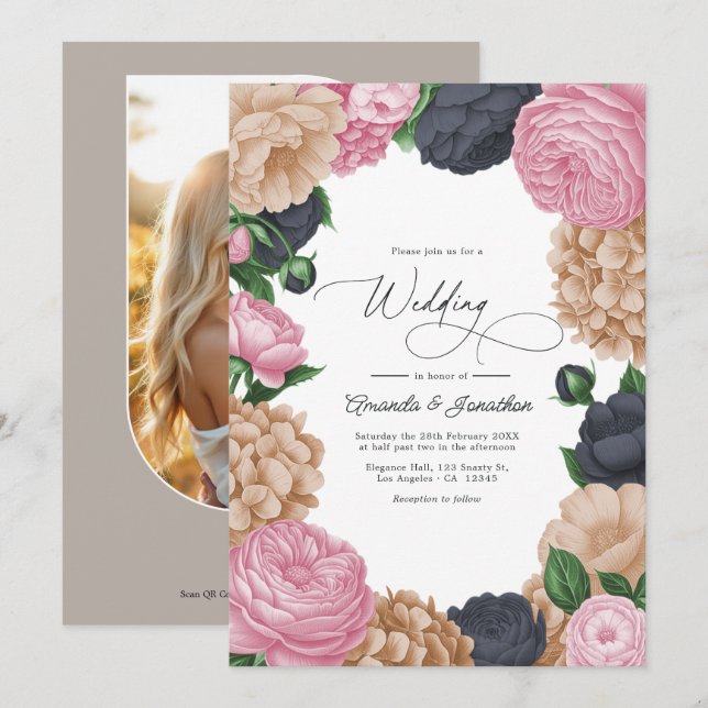 Charcoal, Light Taupe & Peony Pink Floral Wedding Inbjudningar (Fram/baksida)
