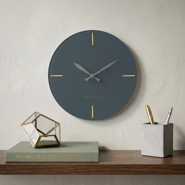 Charcoal Minimalist Architectural - Modern  Stor Klocka (Charcoal and Gold Minimalist Architectural Wall Clock - Modern Single Line Art - Quiet Luxury Home )