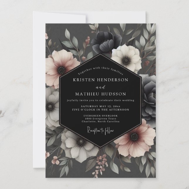 Charcoal Moody Anemone Wedding Inbjudningar (Framsida)