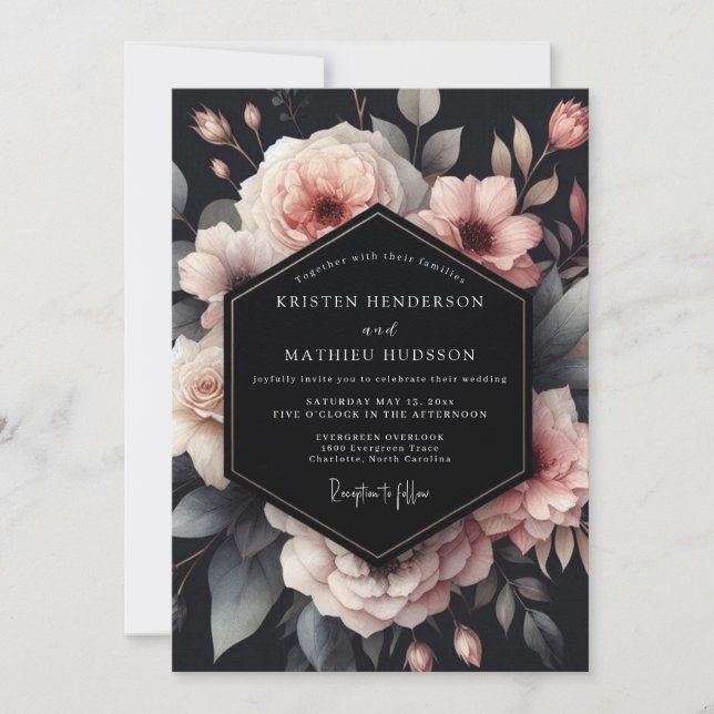 Charcoal Moody Bloom Wedding Inbjudningar (Framsida)