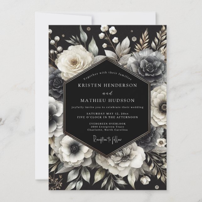 Charcoal Opulent Bloom Wedding Inbjudningar (Framsida)