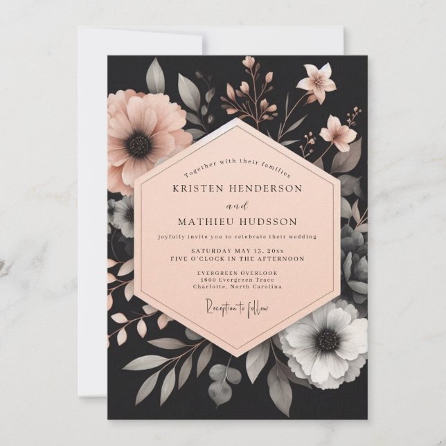 Charcoal Peach Luminous Bloom Wedding Inbjudningar (Framsida)