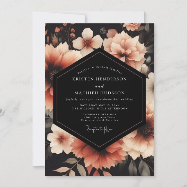 Charcoal Peach Nocturne Wedding Inbjudningar (Framsida)