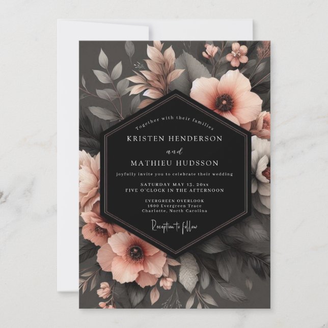 Charcoal Peach Shadowy Flora Wedding Inbjudningar (Framsida)