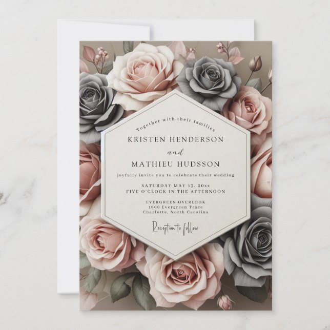 Charcoal Rose Timeless Bloom Wedding Inbjudningar (Framsida)