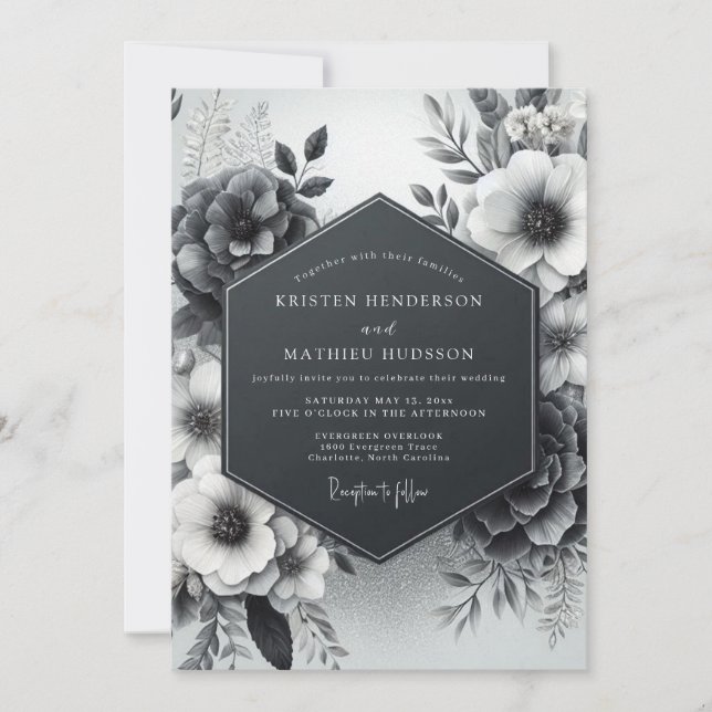 Charcoal Vesperal Flora Wedding Inbjudningar (Framsida)