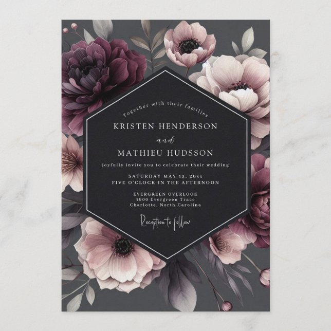 Charcoal Victorian Bloom Wedding Inbjudningar (Framsida)