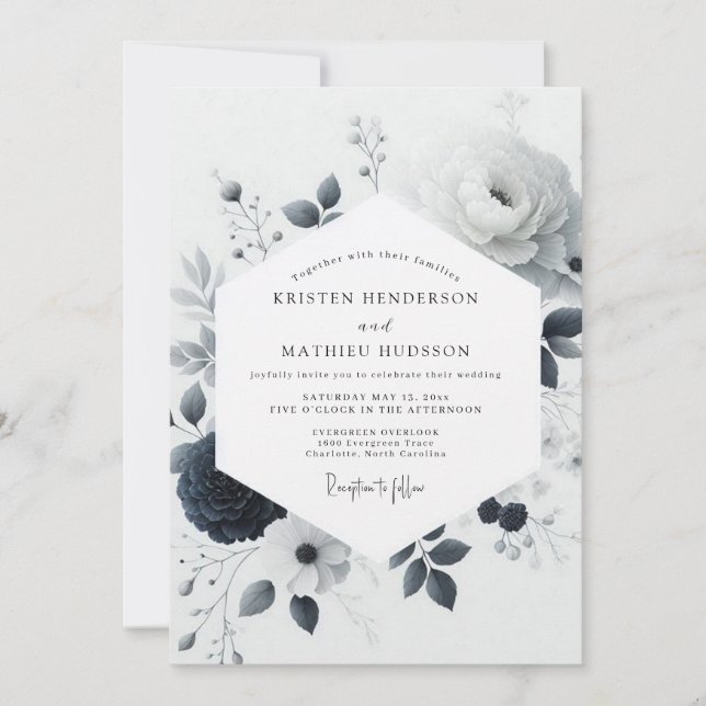 Charcoal Watercolor Bloom Wedding Inbjudningar (Framsida)
