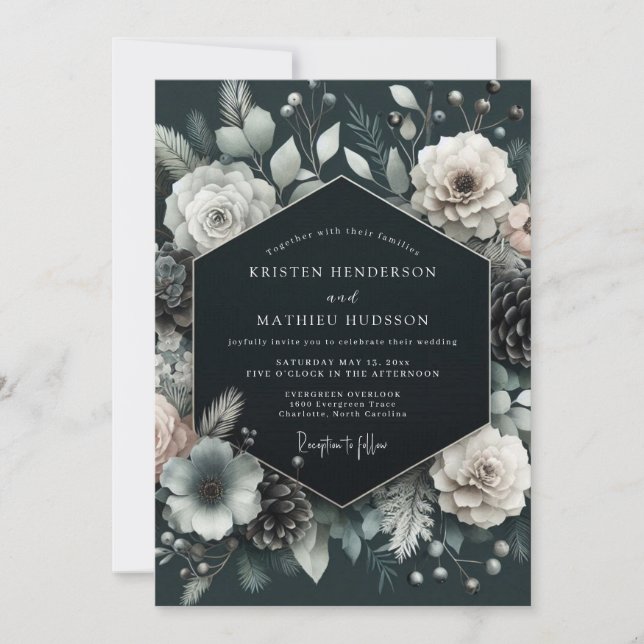 Charcoal Wintry Pine Wedding Inbjudningar (Framsida)