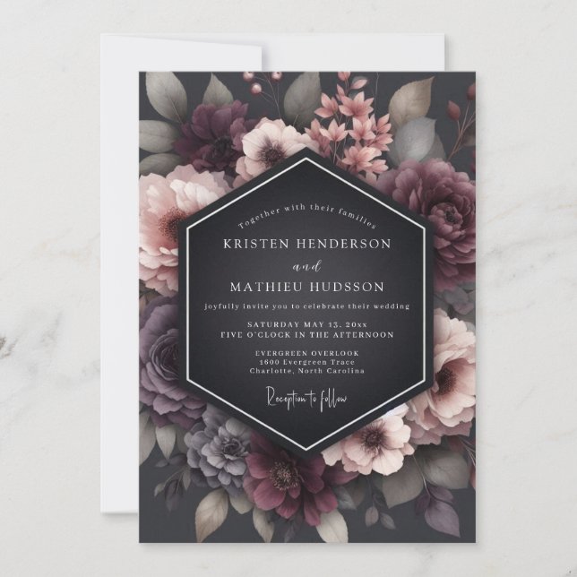 Charcoal Wistful Blossom Wedding Inbjudningar (Framsida)