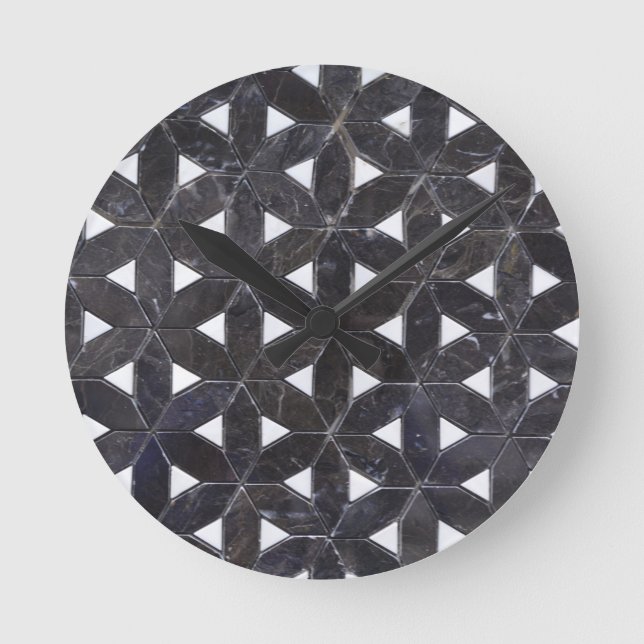 Charcol Grått Mosaic | Livets blomma i mönster Rund Klocka (Framsida)