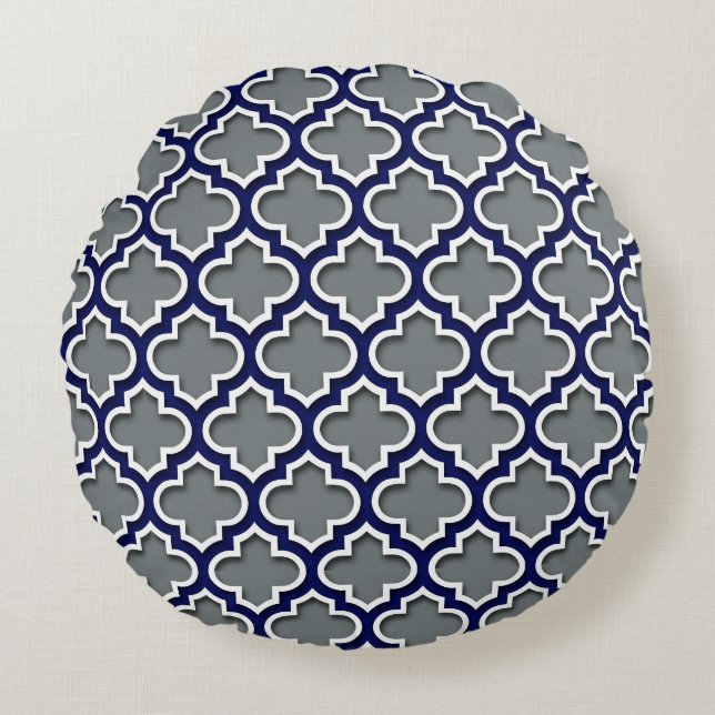 Charcol Grått Navy White Moroccan Quatrefoil #5DS Rund Kudde (Framsidan)