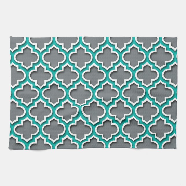 Charcol Grått Teal White Moroccan Quatrefoil #5DS Kökshandduk (Horisontell)