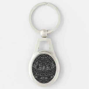 Charcol Mandala Keychain Ovalt Silverfärgad Nyckelring