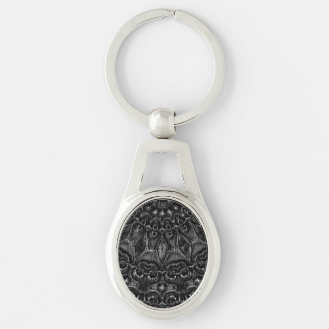 Charcol Mandala Keychain Ovalt Silverfärgad Nyckelring (Framsidan)