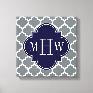 Charcol White Moroccan #5 Navy 3 Initial Monogram Canvastryck