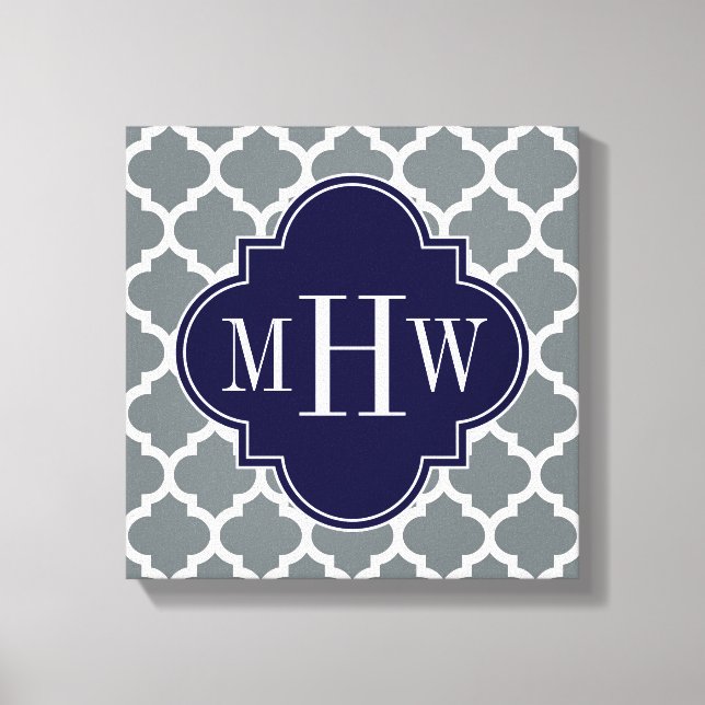 Charcol White Moroccan #5 Navy 3 Initial Monogram Canvastryck (Framsida)