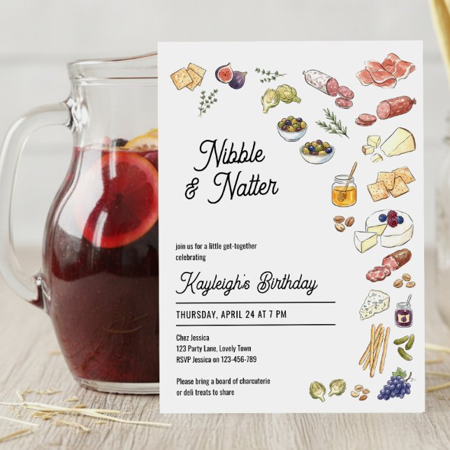 Charcuterie Nibble och Natter Födelsedagsfest Inbjudningar (Charcuterie social event invitation by Darling & May)