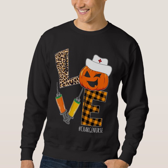 Charge Nurse Halloween Pumpkin Leopard Kärlek Nurs Lång Ärmad Tröja (Framsida)