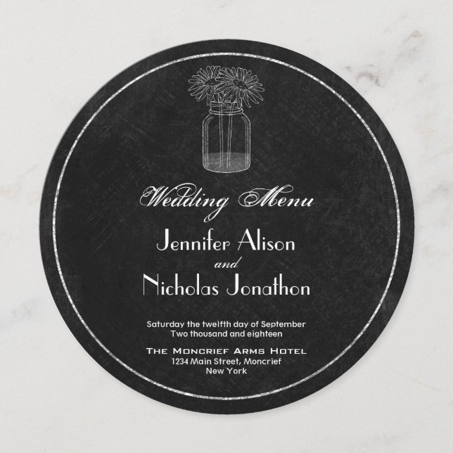 Charger Bröllop Menu Chalkboard, Mason Burk & Dais Meny (Framsida)