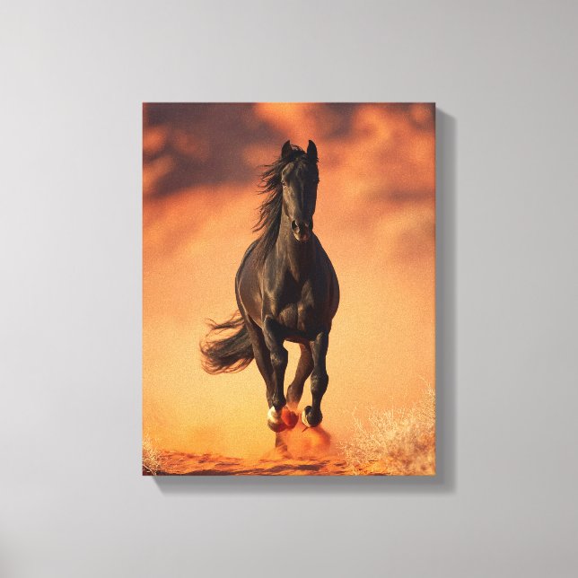 Charging Black Horse Fiery Sunset Art Canvastryck (Framsida)