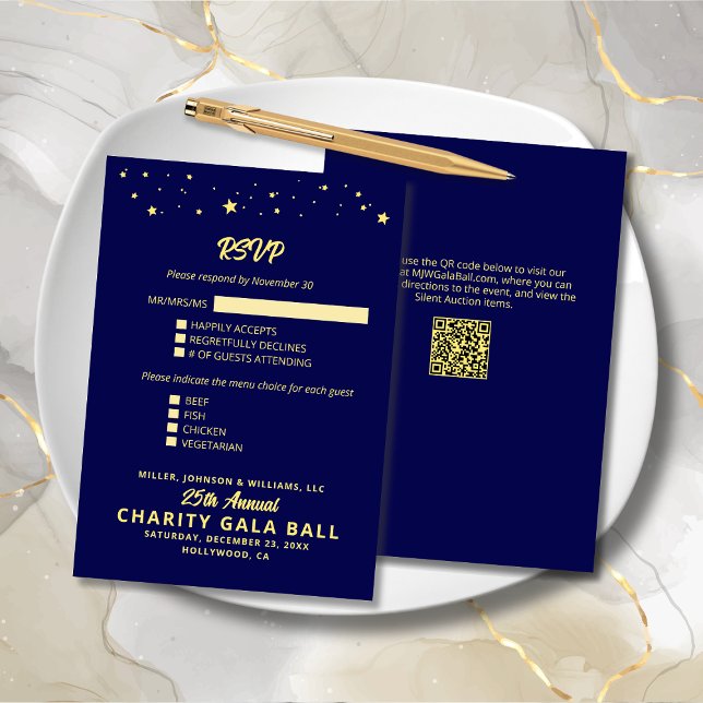 Charity Fundraiser Gala Event Navy Blue Guld OSA Kort (Charity Fundraiser Gala Event Navy Blue and Gold RSVP Card with Menu Options, Event Details.)